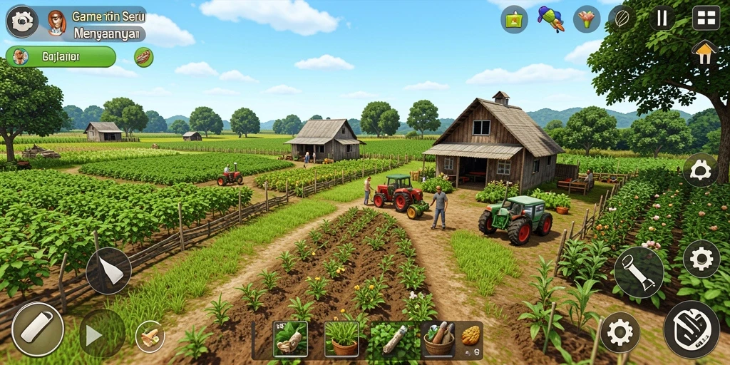 Screenshot gameplay 8364 menampilkan aktivitas pertanian yang dinamis.
