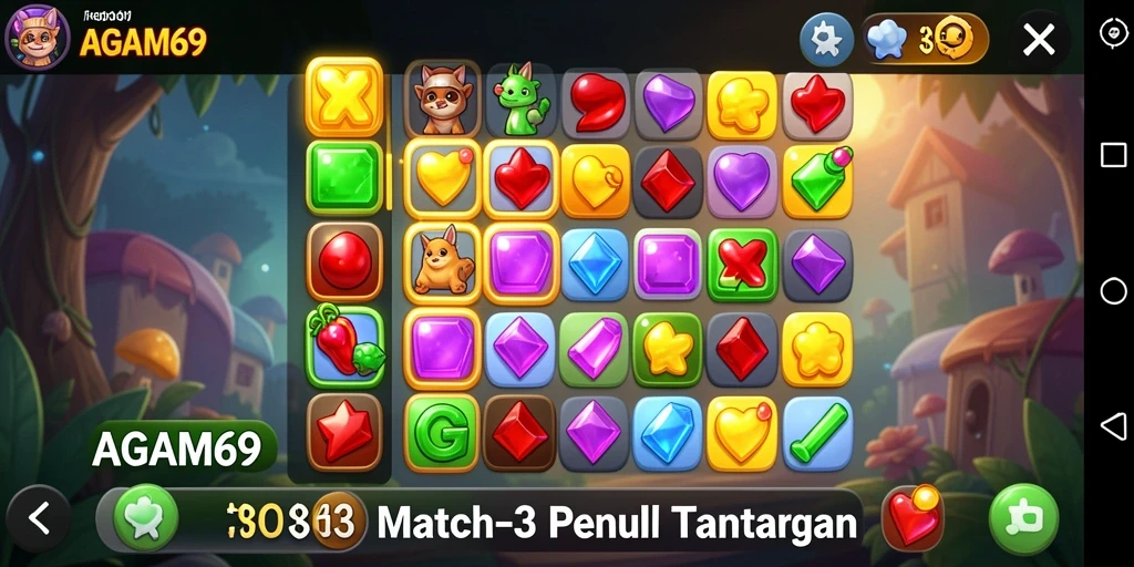 Screenshot utama AGAM69 menampilkan gameplay Match-3 yang seru dan penuh warna.
