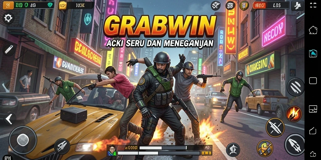 Tampilan mendebarkan dari gameplay aksi GRABWIN saat pertempuran berlangsung.