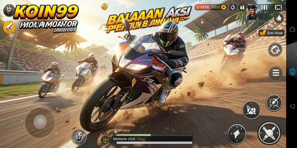 Screenshot gameplay KOIN99 dengan aksi balapan motor yang mendebarkan.