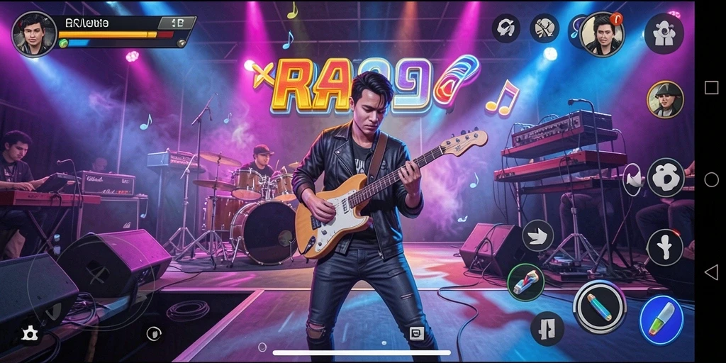 Tampilan gameplay RR999 dengan antarmuka musik yang menarik.