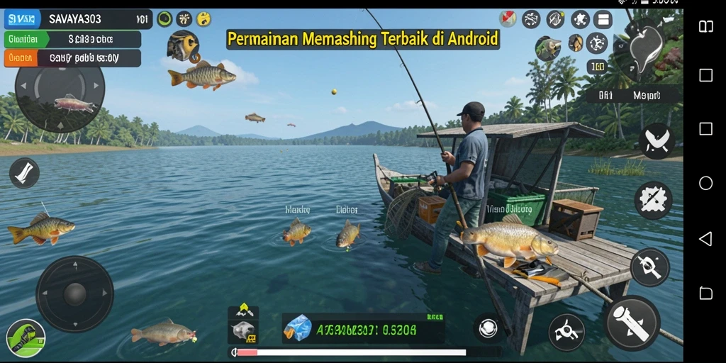 Screenshot gameplay SAVAYA303 menunjukkan aksi menangkap ikan di laut yang indah.